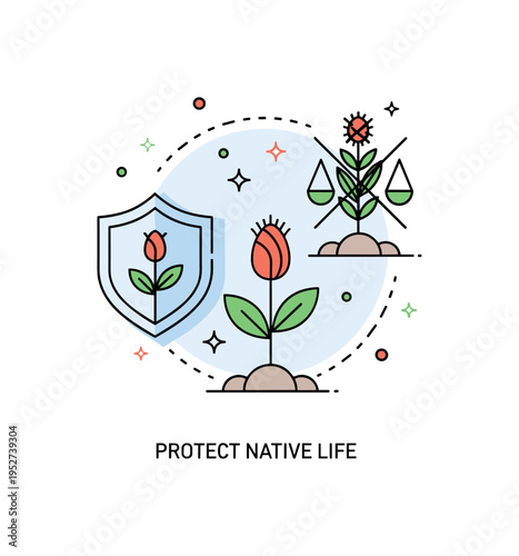Invasive species management concept centered on a single native plant protected by a soft shield outline while an unwanted weed icon is gently removed,