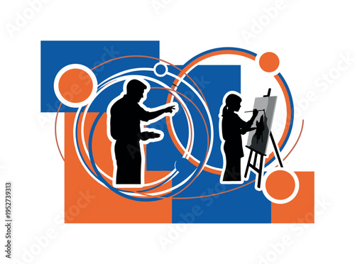 Black and white teacher silhouette gesturing toward a canvas while student paints, abstract circular halos connecting them symbolizing mentorship, cobalt blue