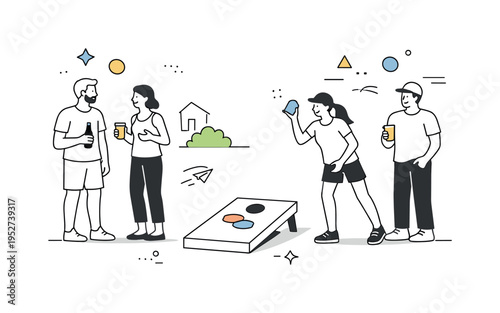 Backyard Social Hangout. People chatting around a cornhole board between rounds, someone holding a drink while another prepares to toss a bean bag. Calm