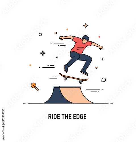 Extreme sports skateboarding urban trick scene with a compact skateboard and a dynamic silhouette mid jump above a simple ramp, expressing motion, balance, and