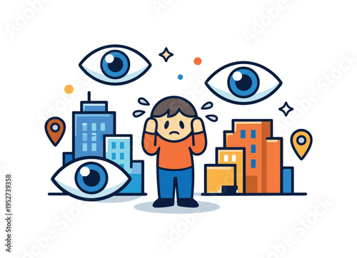 Urban data monitoring anxiety visualized through a small human figure surrounded by abstract city blocks and floating eye symbols, expressing discomfort with