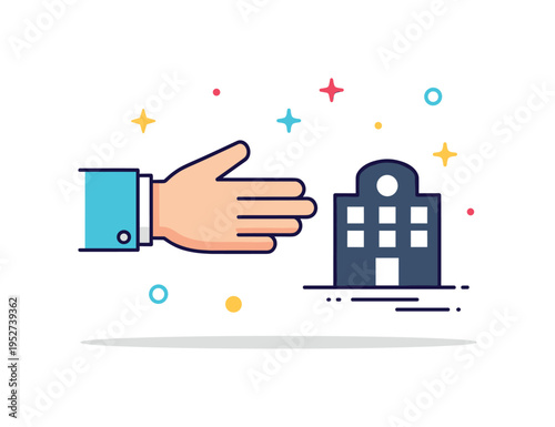 Public service role helping hand icon reaching toward a small community building silhouette. A positive concept badge about contribution, support and social