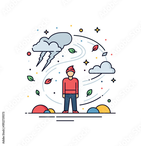 Figure standing in a stormy landscape with scattered leaves and debris swirling, looking straight ahead with resolve, symbolizing inner strength and