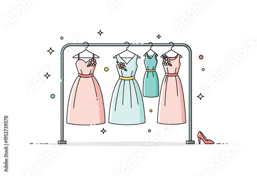 Vintage dresses hanging on a minimalist clothing rack with subtle floral decorations, radiating charm, elegance, and a retro fashion feel. Minimalist flat