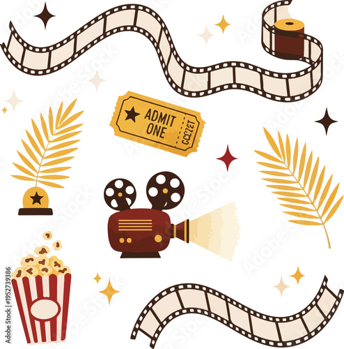 Movie Cinema Elements Collection with Vintage Projector Popcorn and Filmstrip for Film Festival and Entertainment Design