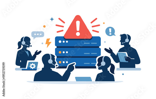 IT outage crisis room focused on a large server icon flashing an alert while people silhouettes communicate with headsets, conveying rapid response teamwork