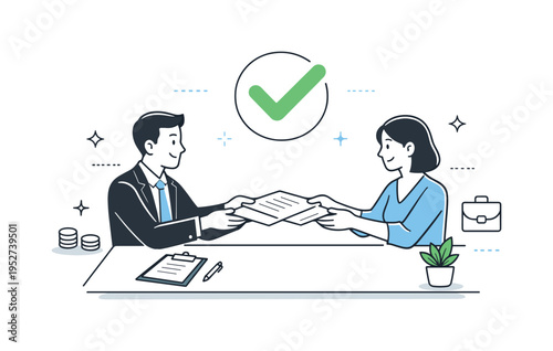 Fighting corruption in business. Two people exchanging official documents across a table, with a clear checkmark symbol floating above. The illustration