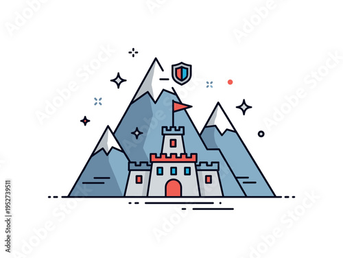 Mountain garrison stronghold depicted with a sturdy fort building set against minimal peak shapes. Subtle shield symbol and small sparkle accents communicate