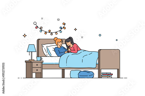 Cozy bedroom sleepover simple bed setup with fairy lights and two friends leaning toward each other in quiet conversation. A calm editorial scene highlighting