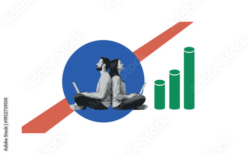 Black and white couple sitting back to back with laptops closed, bold cobalt blue circle framing both figures as one unit, emerald green abstract cylinders