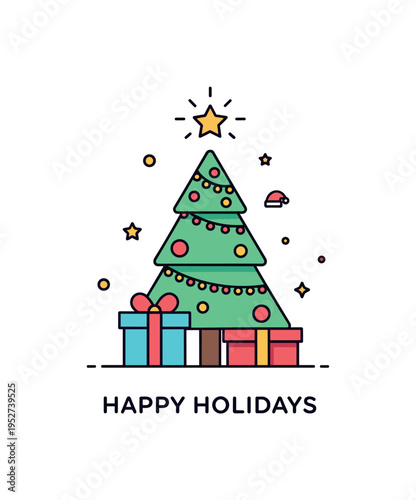 Christmas present under a decorated tree capturing the excitement of giving and family celebration in a small balanced badge-like scene. A glowing star above