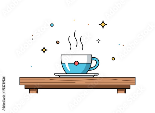 Cup on a wooden table with sunlight reflecting off gentle steam rising from a warm beverage, capturing comfort, serenity, and morning ritual. Minimalist flat