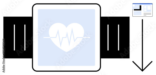 Health technology, wearable tech, heart rate tracking, fitness monitoring, telemedicine, healthcare apps. A smartwatch screen shows a heart with a heartbeat line. Focus on health technology