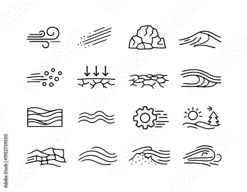 Wind and Erosion. Line icon set of Wind and Erosion: wind gust symbol, sand abrasion lines, eroded rock shape, dune carving flow, airborne grains, weathering