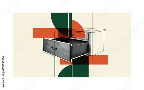 A monochrome antique dresser drawer pulled open, intersected by geometric arcs and flat rectangular color blocks symbolizing layers of history, thin vertical