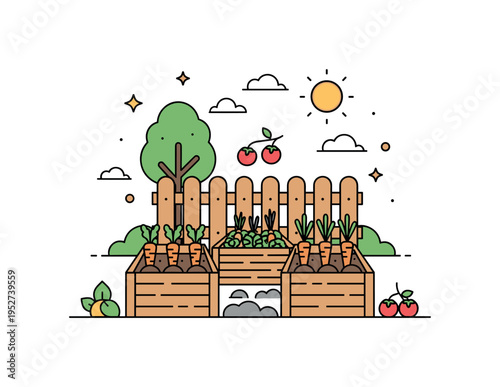 Backyard garden centered on a cozy wooden fence framing raised vegetable beds with carrots and tomatoes growing under a bright sun. The scene captures everyday
