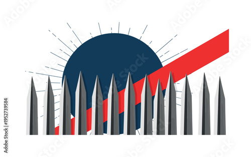 Monochrome frontal view of pointed stakes forming a rhythmic pattern, dramatic contrast and vintage feel, large abstract circle behind in deep blue symbolizing