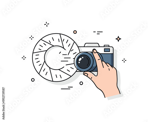 Camera shutter click moment illustrated by a large circular lens with tiny radial lines and a hand pressing the shutter button, capturing the instant of