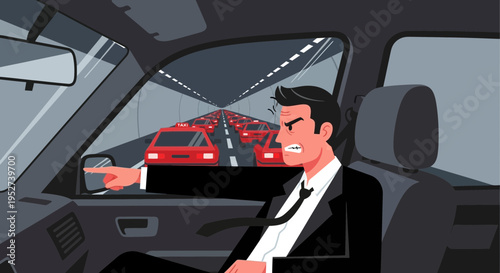 Angry businessman stuck in traffic jam, frustrated driver pointing finger, traffic congestion