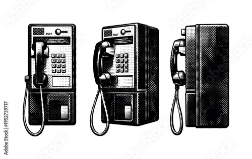 Public payphone telephone unit. Black and white dot style with halftone texture and high contrast. Halftone texture with partial solid black fills smoothly