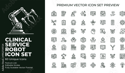 Clinical service robot line icon set with healthcare automation medical robotics and smart hospital technology symbols