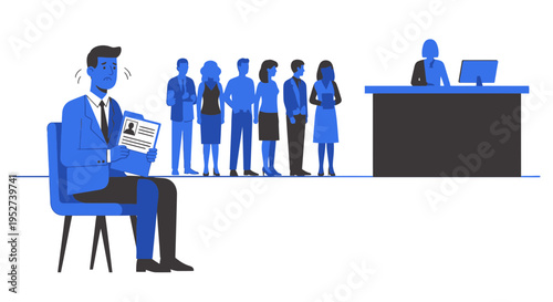 Anxious job applicant waits in line for interview with HR manager at desk