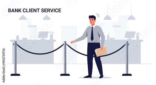 Bank Client Service: Man in Business Attire Waiting in Queue at Financial Institution Counter