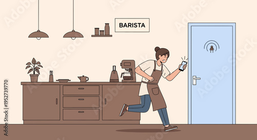 Barista rushing to answer phone in cafe kitchen, urgent order, busy work concept