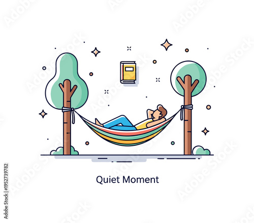 Backyard relaxation scene centered on a striped hammock tied to two minimal trees with a person resting comfortably. A small book icon and gentle ?Quiet