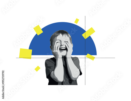 Black and white child covering face while laughing shyly, large cobalt blue semicircle framing upper body, bright yellow abstract blocks placed lightly around