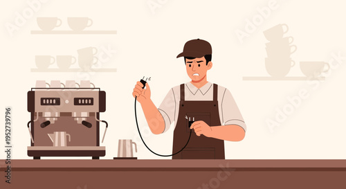 Barista struggling with broken espresso machine, unplugging cord, coffee shop problem