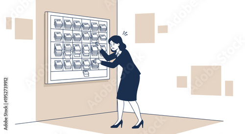 Businesswoman struggling with task management board, overwhelmed by sticky notes