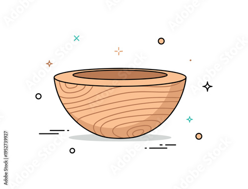 Wooden bowl handcrafted natural kitchen object with smooth rounded edges and visible wood grain texture, placed in the center as a symbol of simplicity and