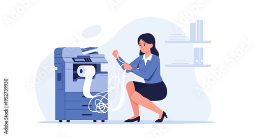 Businesswoman struggling with jammed printer, office paper mess, frustration