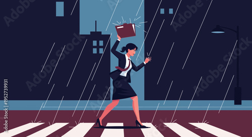 Businesswoman struggling in heavy rain with briefcase and phone on city street