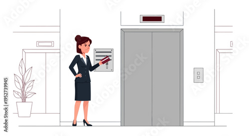 Businesswoman using access card to enter elevator in modern office building