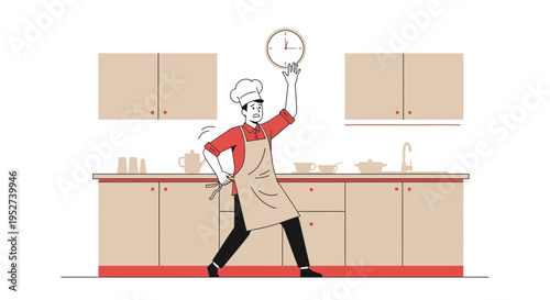 Chef Balancing Clock on Finger in Kitchen, Time Management Concept