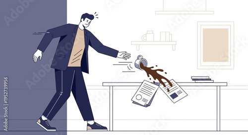 Clumsy businessman spills coffee on documents at desk, office mishap, stress