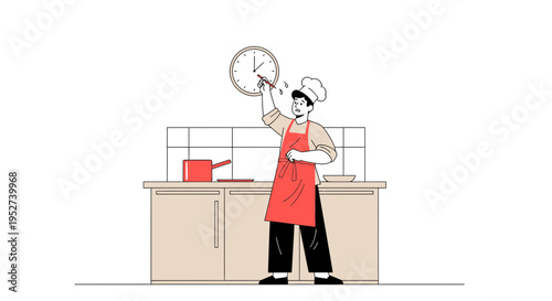 Chef checking clock in kitchen, time pressure, cooking deadline, stressed cook, kitchen rush