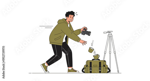 Clumsy Photographer Drops Coffee Cups Near Camera Bag and Tripod