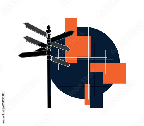 monochrome street signpost with multiple direction arrows, deep navy circular backdrop intersected by orange geometric blocks, thin grid lines forming urban