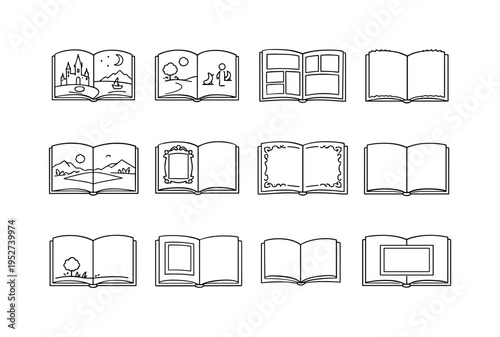 Storybook and Art Pages. Minimalistic set one-line drawing children story page with frame, illustrated fairy tale spread, graphic novel page layout, art