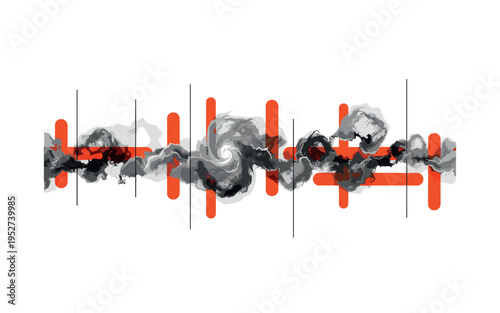 Black and white panoramic nebula formation stretching horizontally, layered with bold orange cylindrical accents and thin vertical lines reinforcing depth and