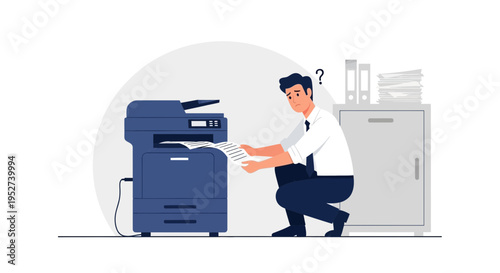 Confused businessman struggling with a malfunctioning office printer, paper jam issue