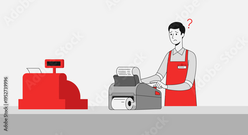 Confused cashier with receipt printer and cash register at checkout counter