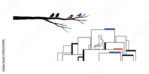 Black and white forest branch with perched birds positioned above a calm seated figure, geometric rectangular blocks forming minimal landscape, electric blue