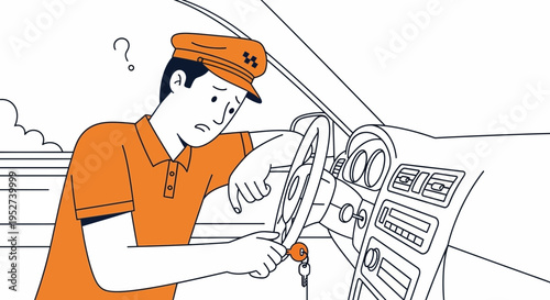 Confused Driver with Question Mark, Holding Car Keys, Sitting in Vehicle