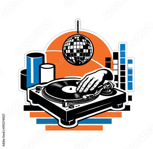 black and white retro DJ hand hovering over vinyl turntable, sticker-like white outline, disco ball suspended above, bold orange circle intersecting both
