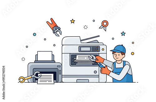 Printer and copier with maintenance tools and paper jams being fixed by a technician, emphasizing problem-solving, care, and operational readiness. Minimalist