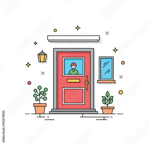 Curb appeal upgrade with a vibrant front door framed by a minimal house facade and small potted plants, symbolizing personality and welcoming energy. Soft